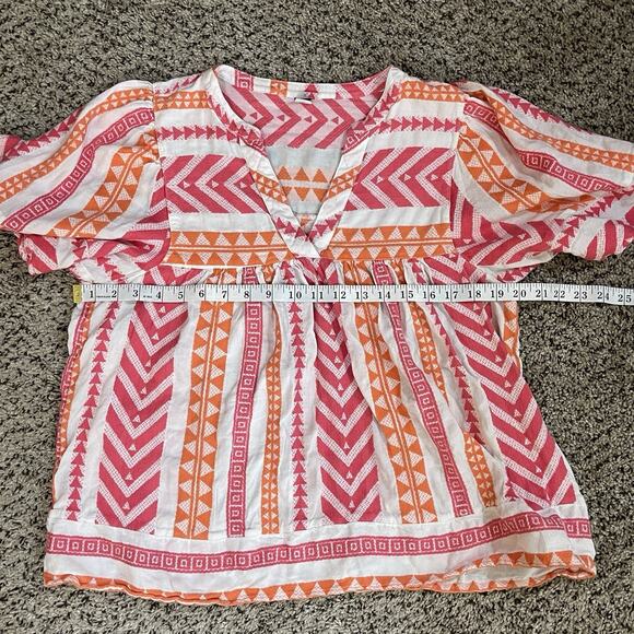 OLD NAVY Pink Orange V Neck Swing Peasant Blouse 100% Cotton Boho Aztec Sz L - Picture 7 of 8